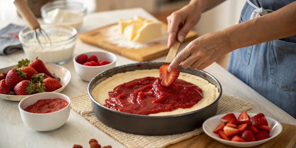 Step-by-step baking process showing hands spreading strawberry jam over cake batter in a round baking pan, red jam being care