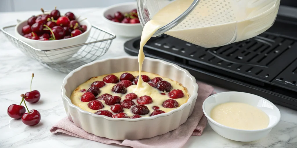 Step-by-step preparation of clafoutis aux cerises in an air fryer, showing fresh cherries being arranged in a buttered cerami