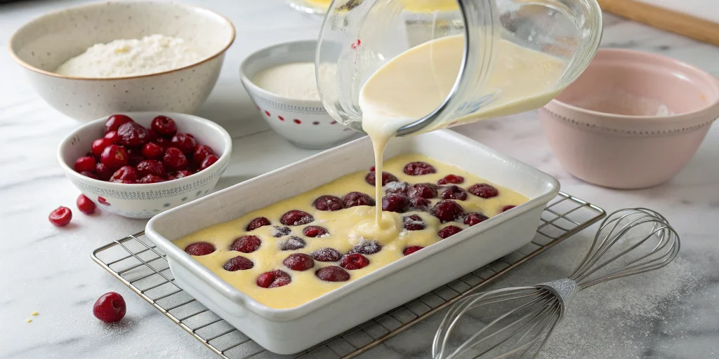 Step-by-step preparation of clafoutis batter being poured over frozen cherries in a buttered ceramic dish, kitchen counter se