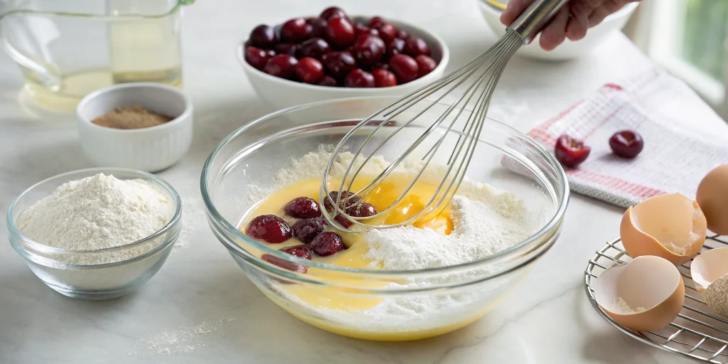 Step-by-step preparation of clafoutis batter in a glass bowl, whisking eggs and flour mixture, fresh cherries arranged in the
