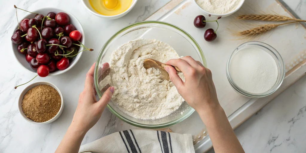 Step-by-step preparation shot showing hands mixing gluten-free flour blend with plant milk in a glass bowl, kitchen counter w