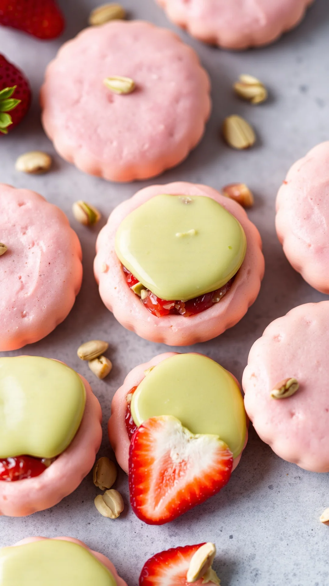 strawberry pistachio shortbread cookies pink green colors fruity nutty elegant design
