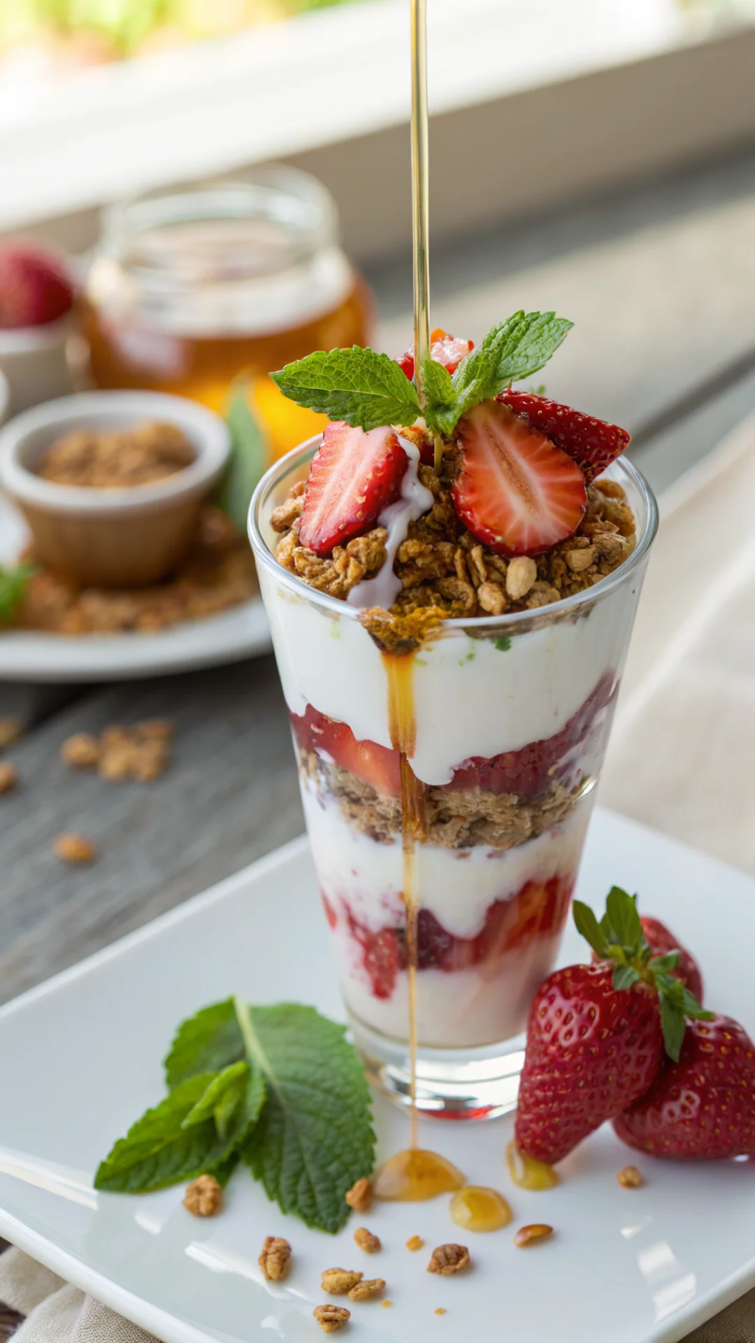 Tall glass parfait with layers of Greek yogurt, fresh strawberries and crunchy granola, honey drizzle, mint leaves on top, so