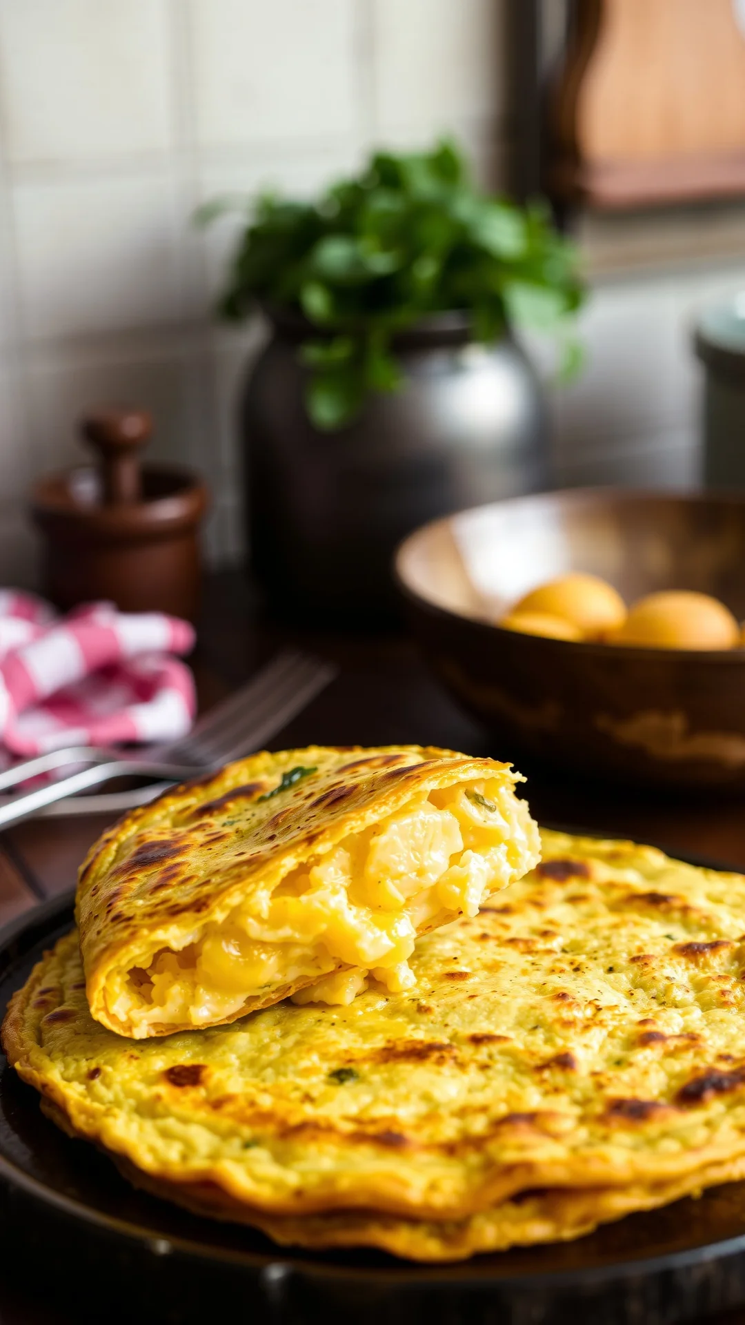 Thick Spanish omelette tortilla cut in half showing creamy golden eggs with tender potatoes inside, rustic kitchen table sett