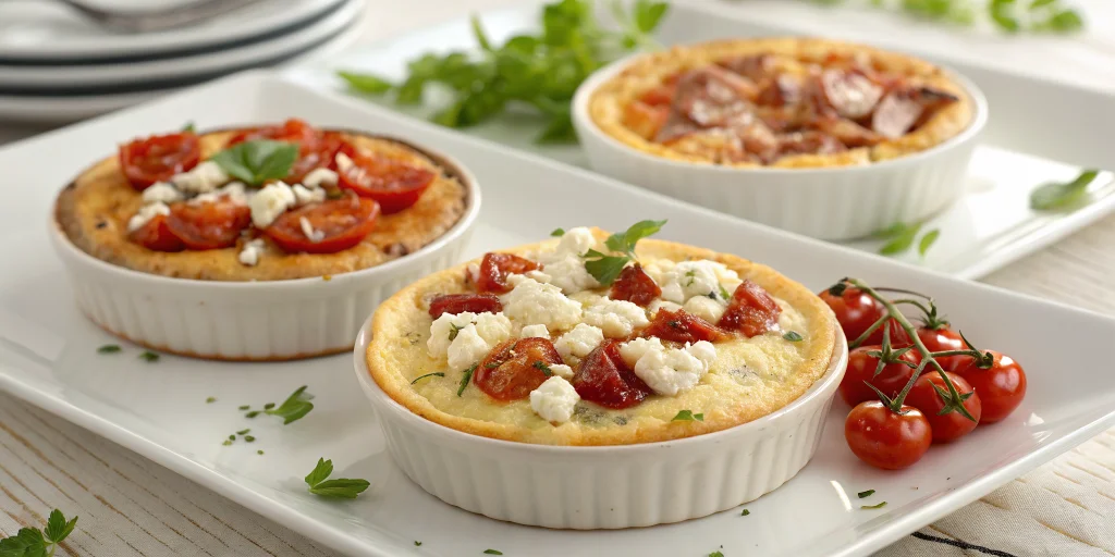 Three individual portions of savory cherry tomato clafoutis on white plates, showing the three different variations - one wit