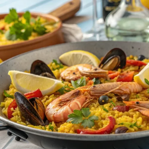 Traditional Catalan paella in large pan with fresh seafood, saffron yellow rice, mussels, shrimp, sausage, bell peppers, garn
