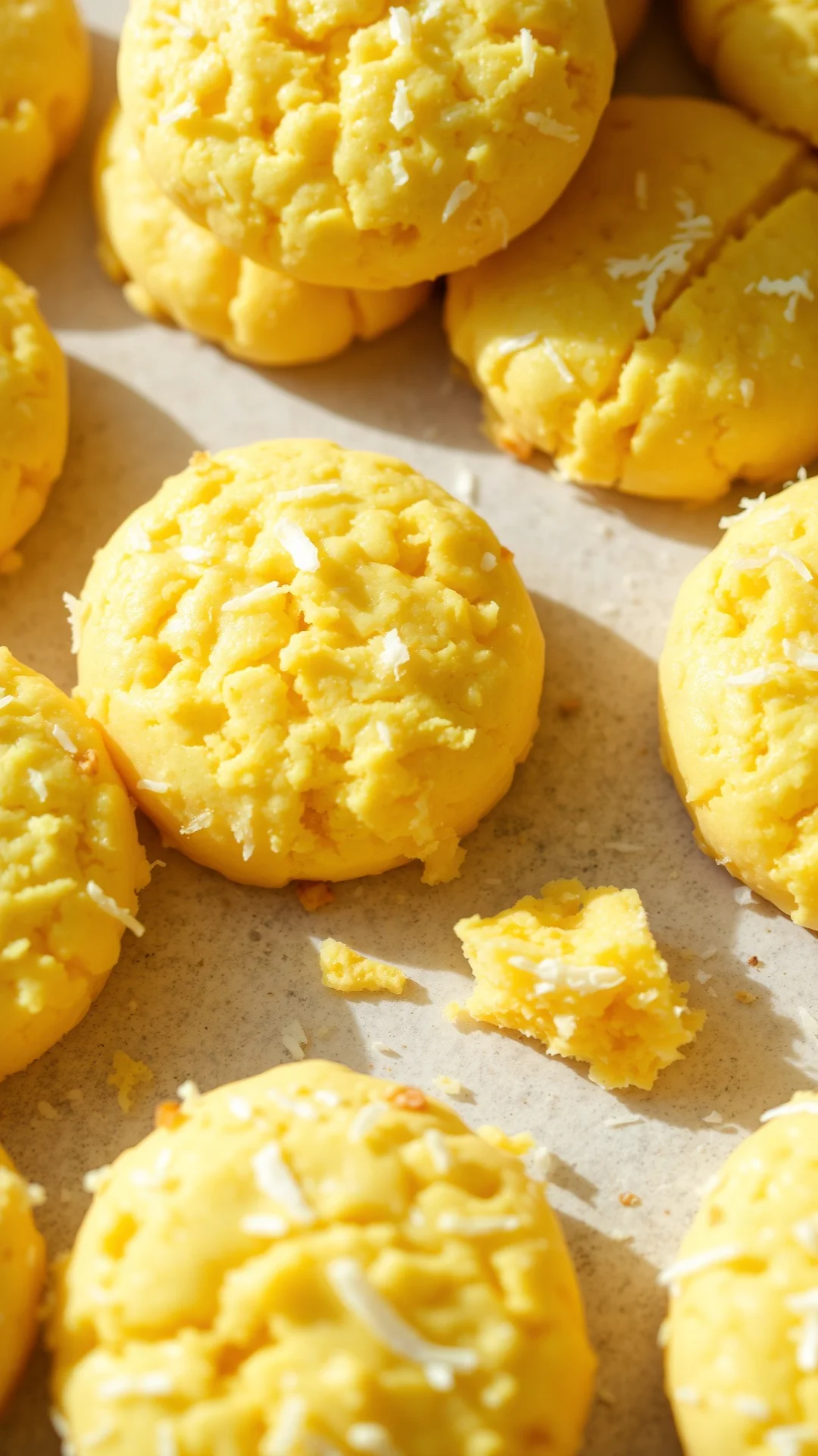 Tropical coconut mango shortbread biscuits, golden and crumbly texture, shredded coconut visible, bright sunny lighting, gour