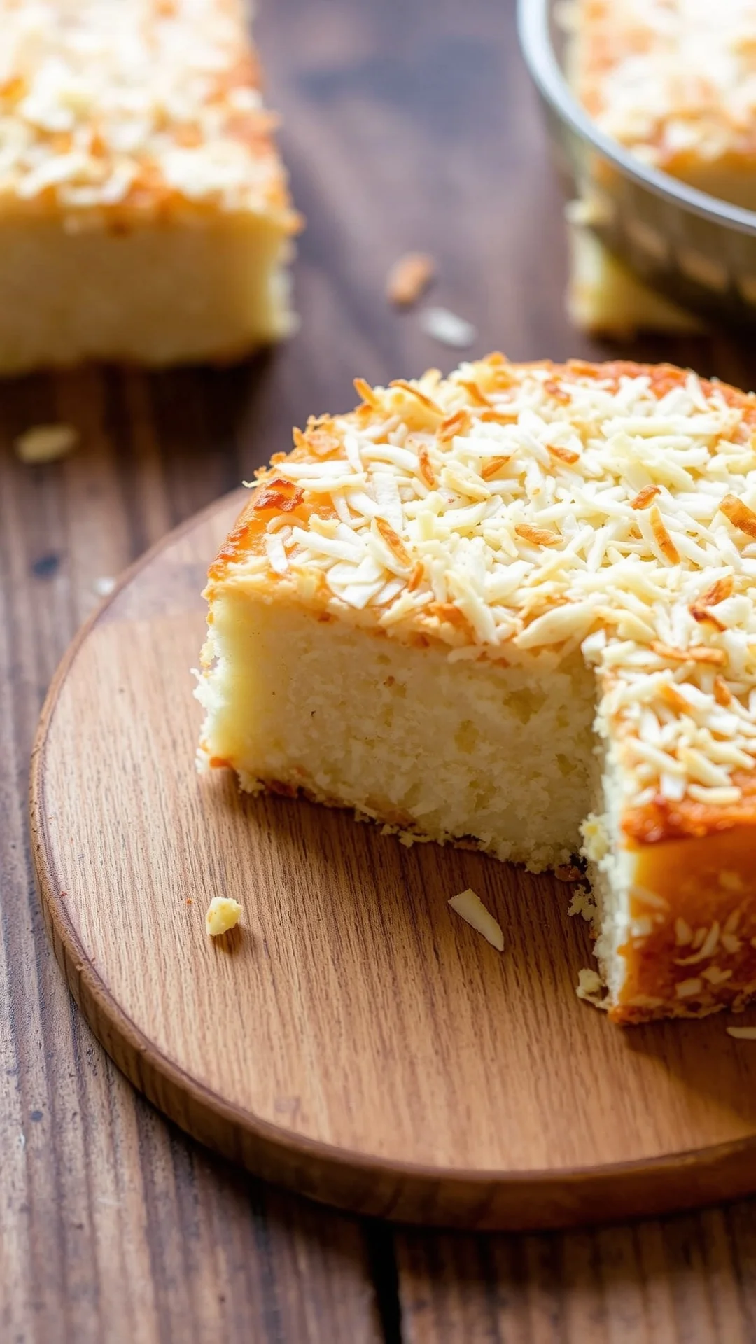 Tropical coconut shortbread cake with toasted shredded coconut coating, golden brown edges, exotic presentation on wooden bac
