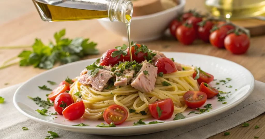 Tuna pasta dish with cherry tomatoes, fresh parsley, olive oil, elegant plating, professional food photography, warm natural