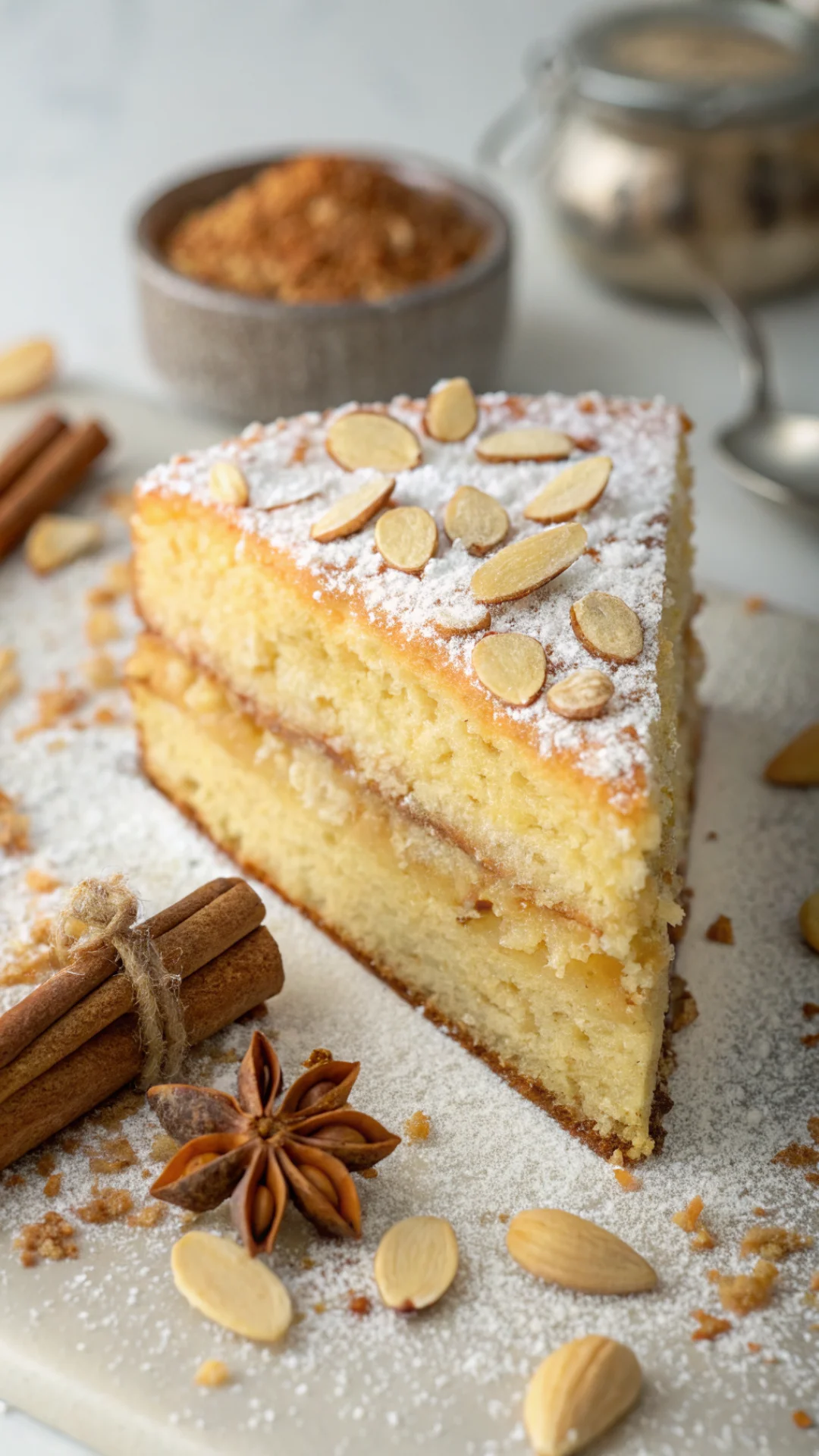 Ultra close-up slice of golden Moroccan sablé cake showing crumbly texture, topped with powdered sugar, with almonds and cin