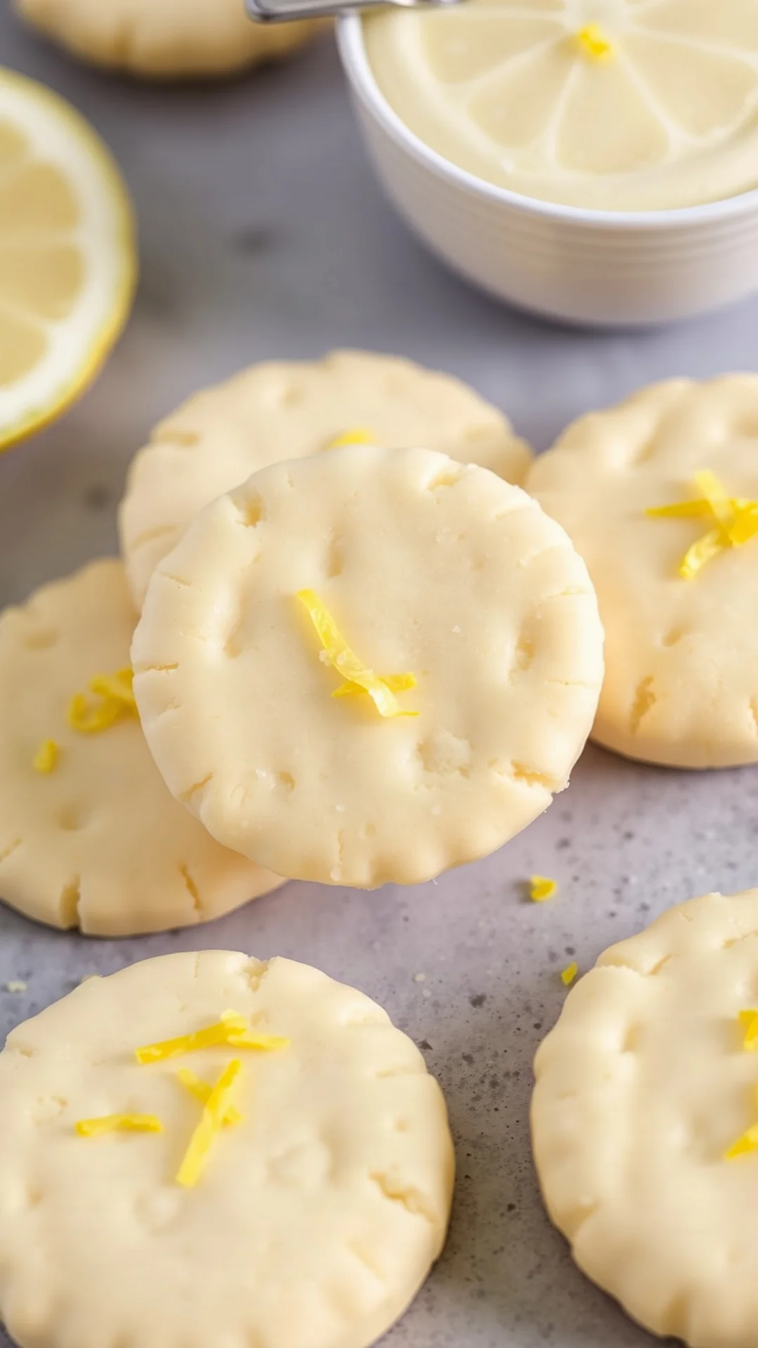 Vanilla lemon shortbread biscuits with lemon zest garnish, delicate yellow color, soft texture visible, afternoon tea setting