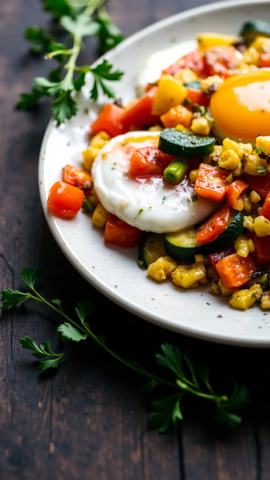 Vegetable scramble with eggs courgettes tomatoes peppers, colorful fresh ingredients, cooked golden, rustic presentation, nat