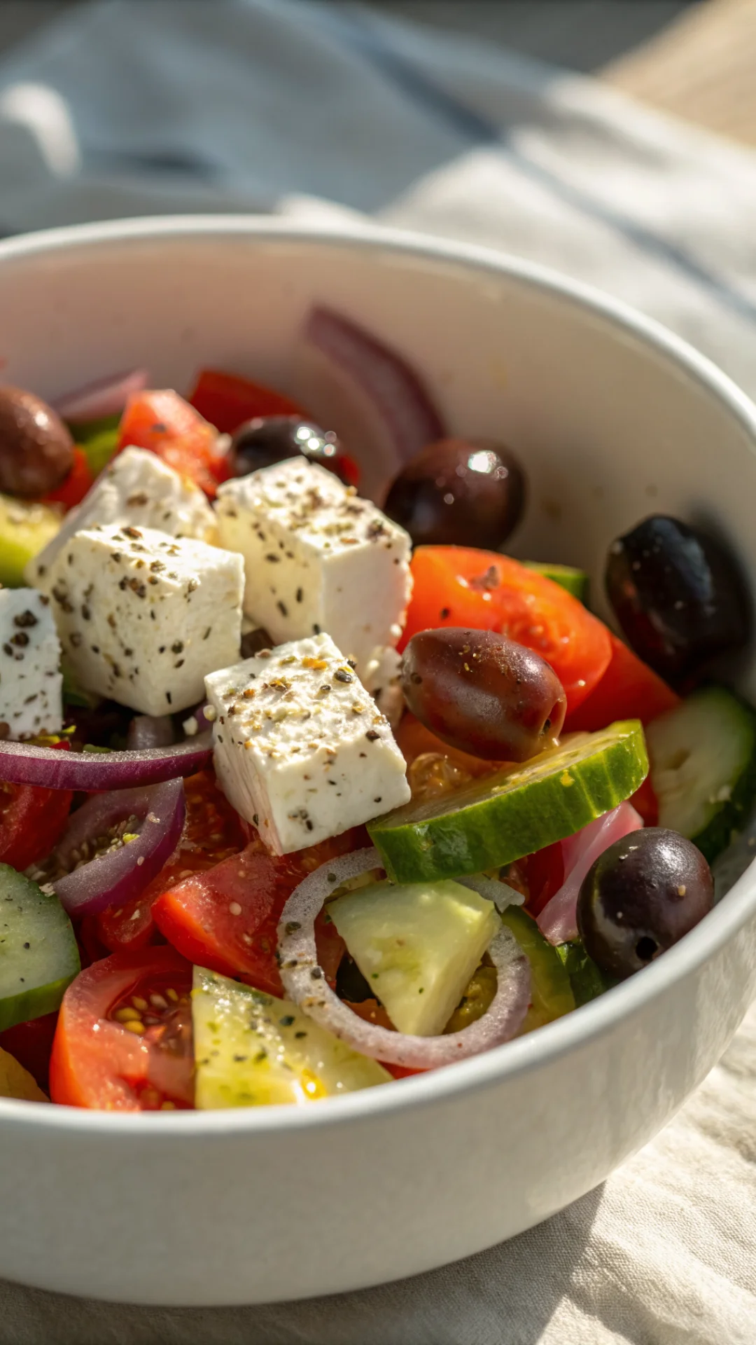 Vertical close-up of colorful Greek horiatiki salad with feta, olives, cucumber and tomatoes in a white bowl, Mediterranean s