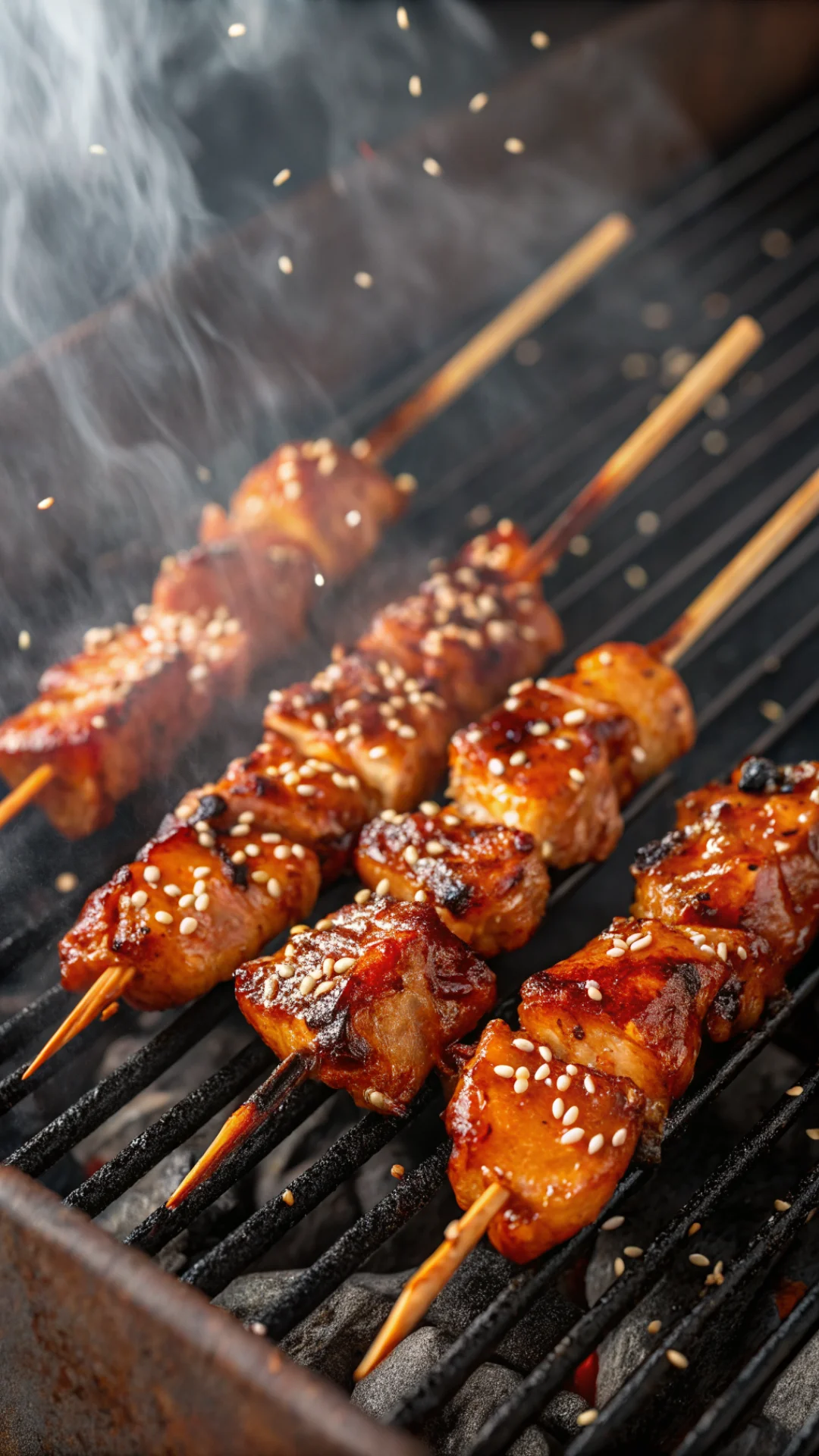 Vertical close-up of juicy teriyaki chicken skewers on barbecue grill, glazed with sticky sauce, sesame seeds, smoke wisps, v