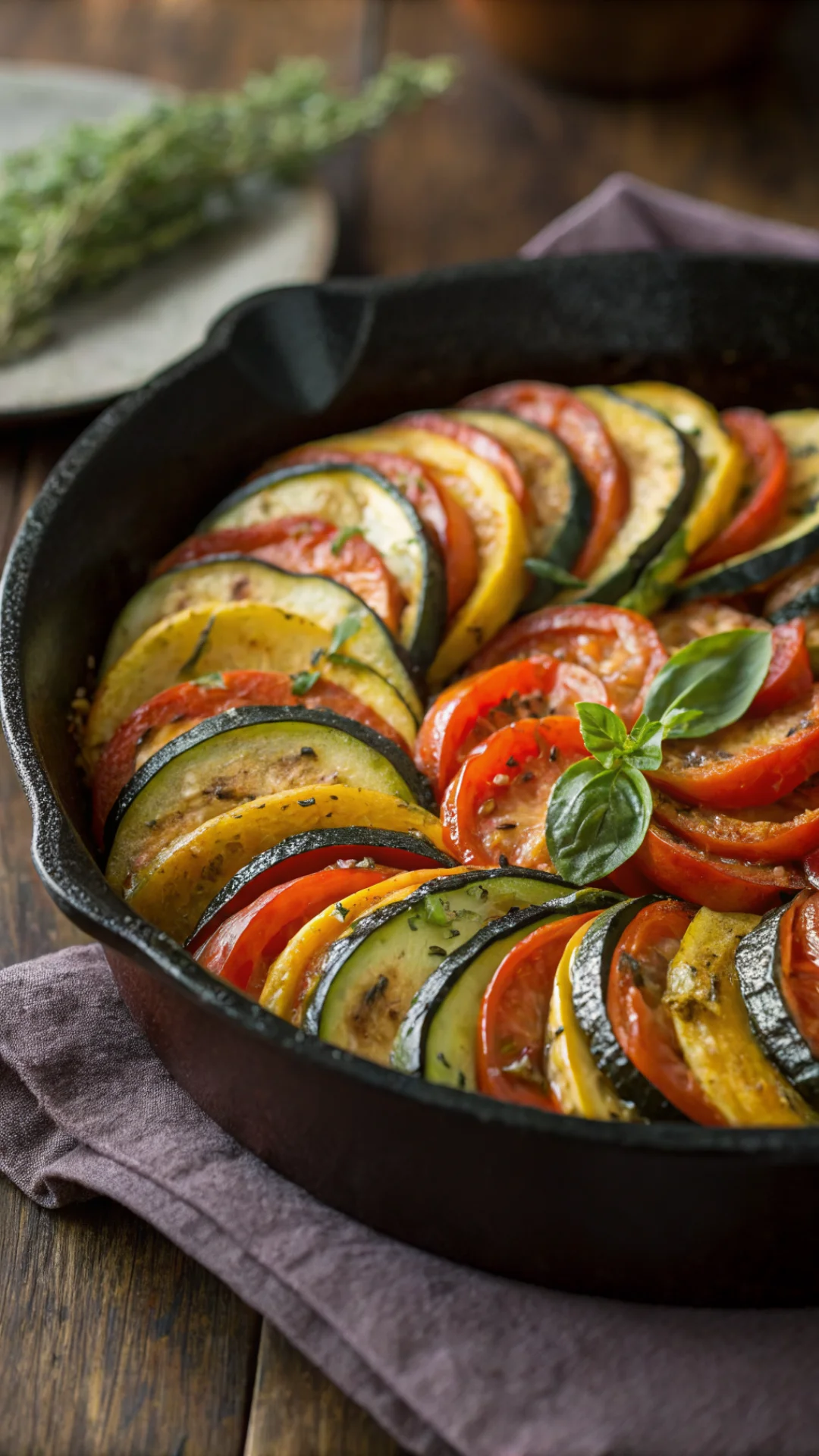 Vertical close-up of rustic Provençal ratatouille with colorful zucchini, eggplant and tomatoes in a cast iron pan, natural