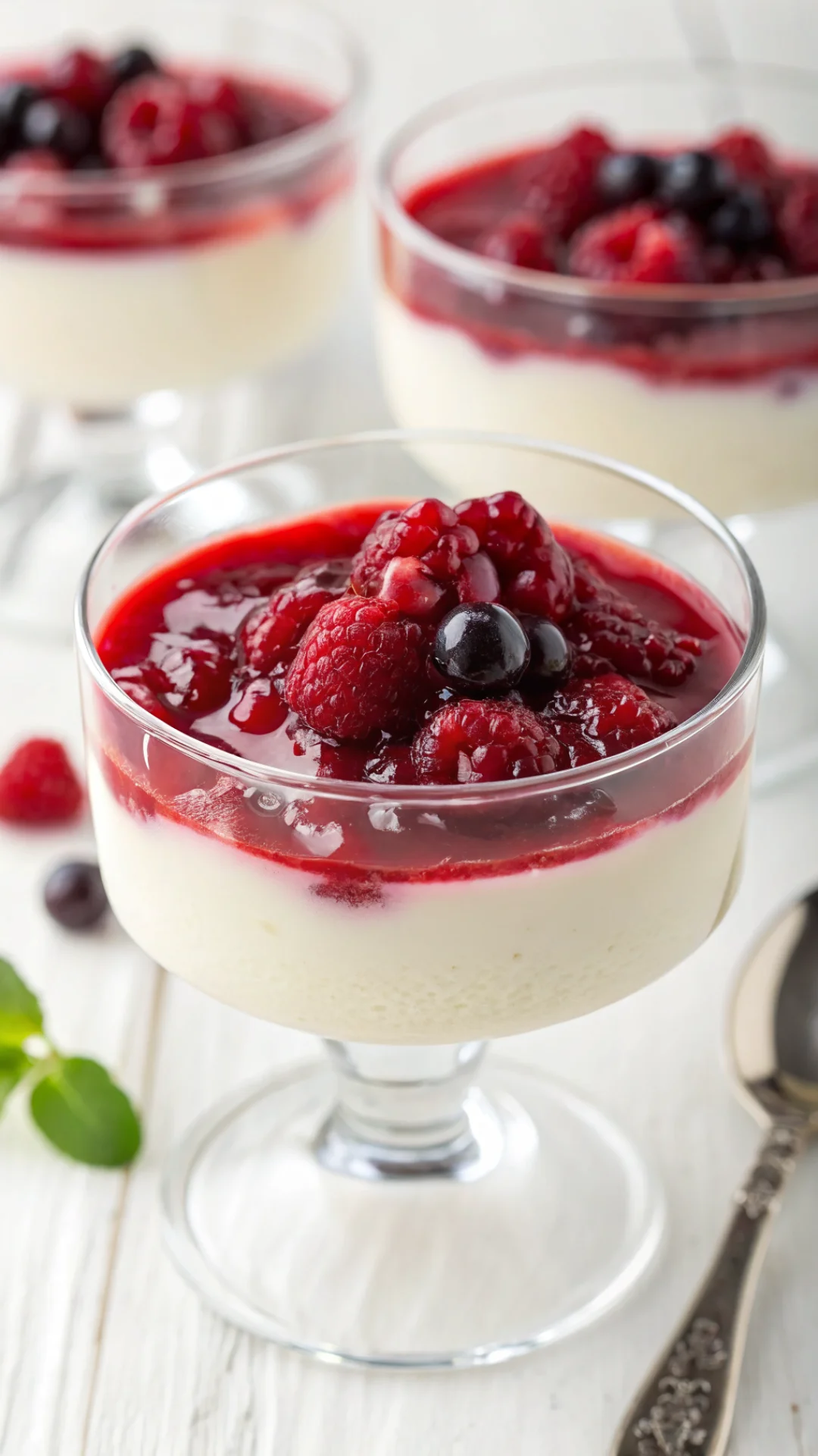 Vertical close-up of silky vanilla panna cotta topped with vibrant red berry coulis in a glass, elegant white background, 9:1