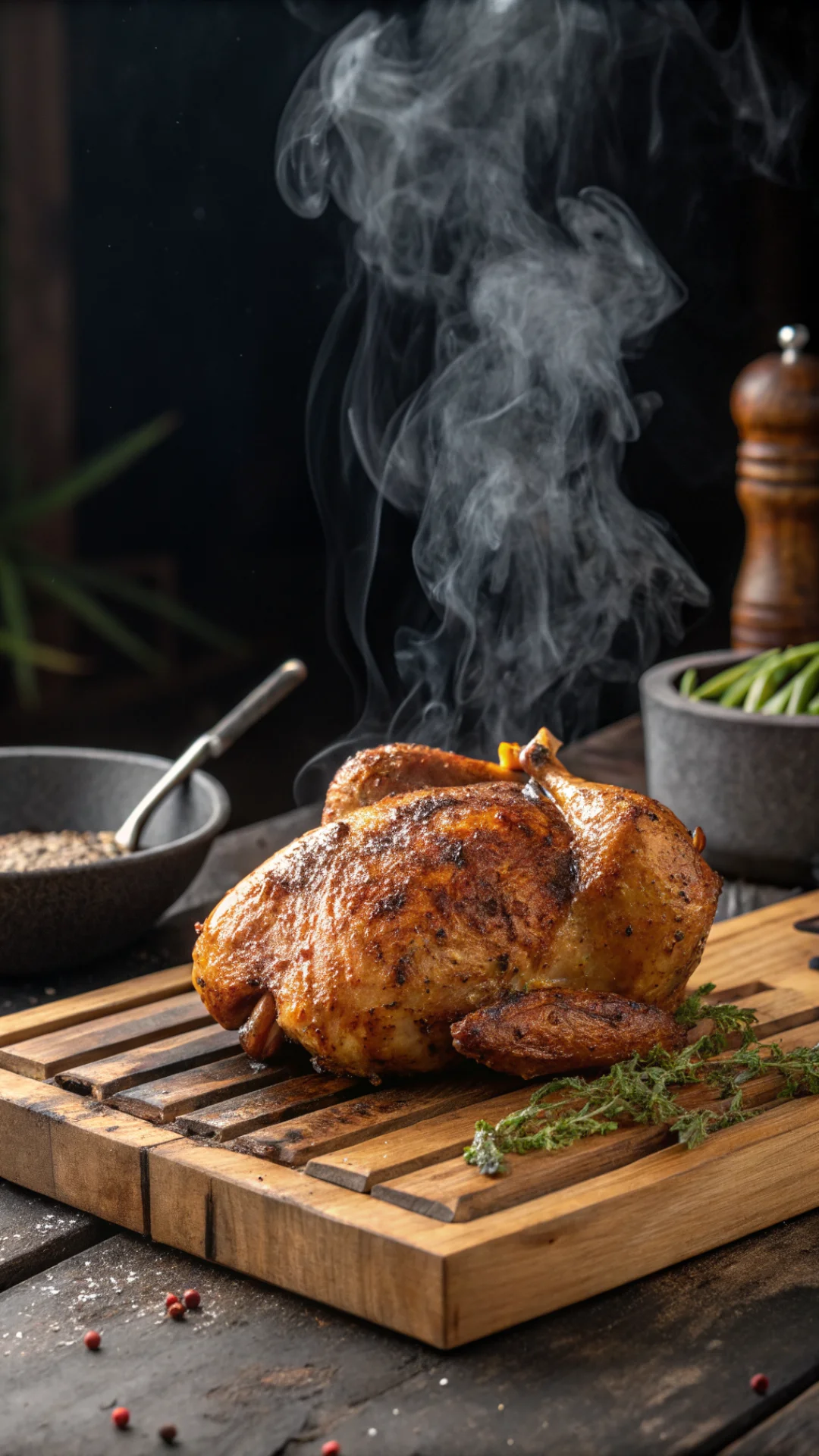 Vertical portrait of whole smoked golden-brown chicken on barbecue grill, beautiful smoke wisps rising, crispy skin with spic