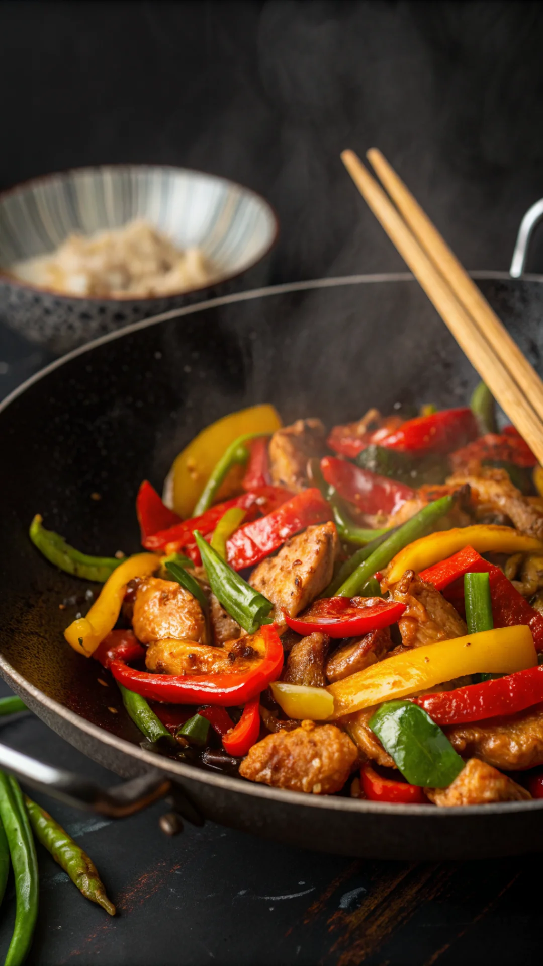 Vibrant close-up portrait of colorful chicken and vegetable stir-fry in a wok, soy sauce glaze, red and yellow peppers, steam