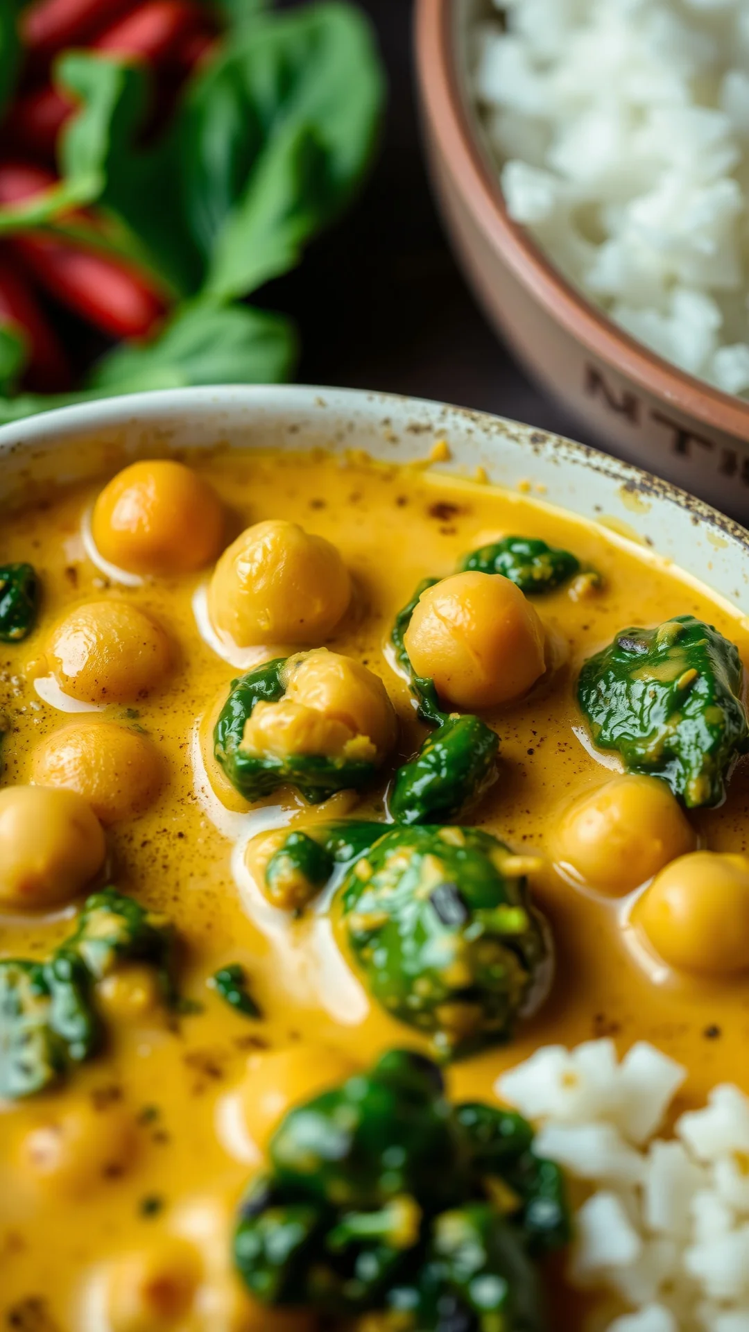 Vibrant curry bowl with chickpeas and spinach, creamy coconut sauce, served with rice, warm spices aroma visible