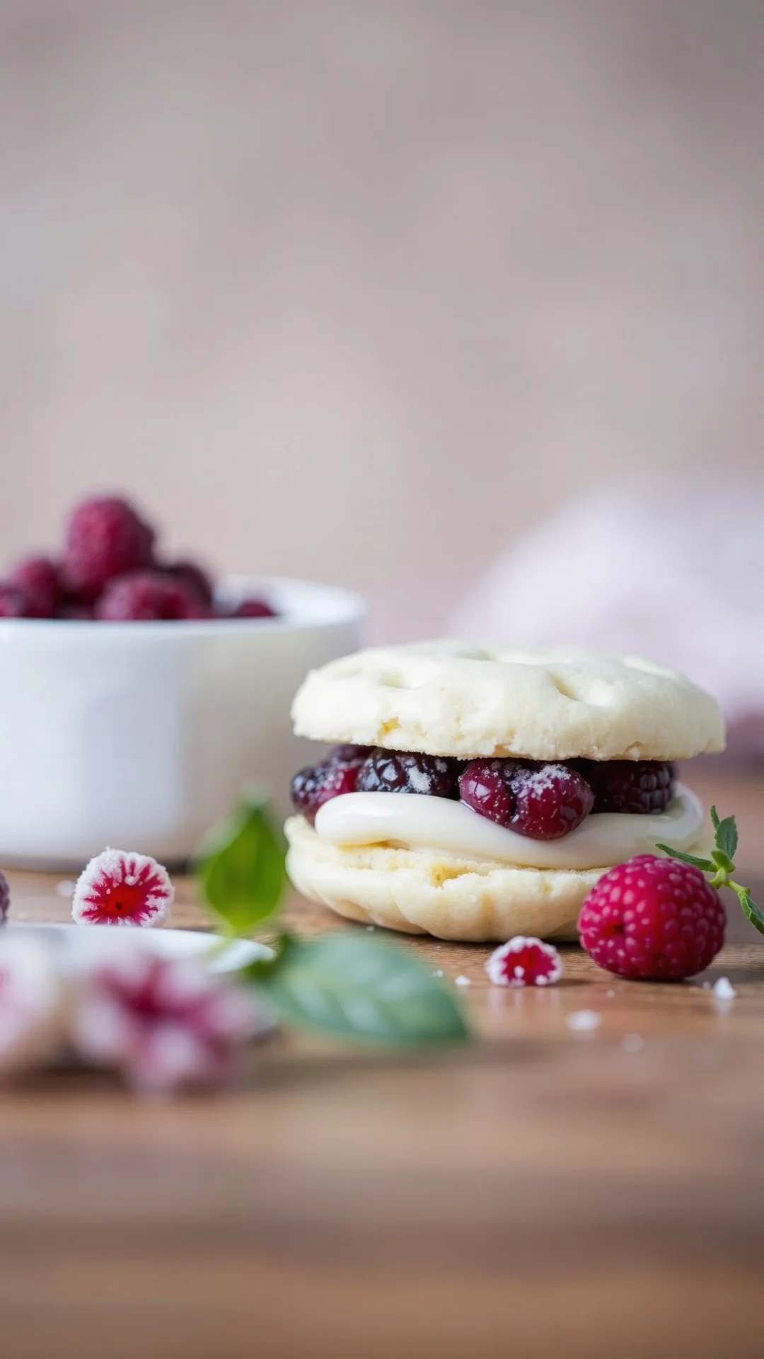White chocolate and raspberry shortbread sandwich cookie with freeze-dried berries, elegant presentation, soft focus backgrou
