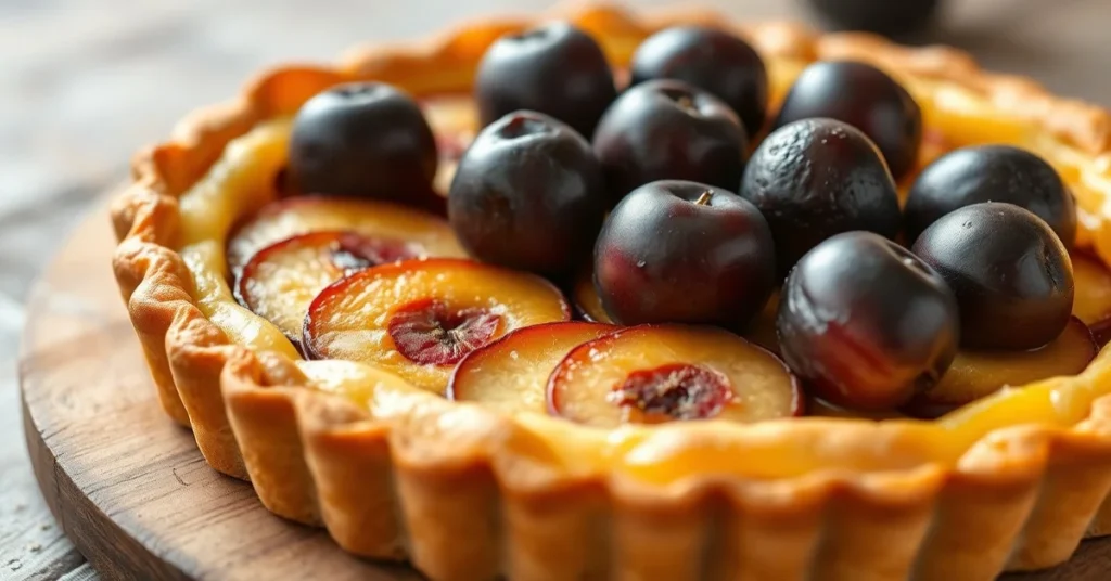 Appetizing homemade plum tart with shortcrust pastry, golden pastry crust, beautiful plums arranged on top, rustic French bak