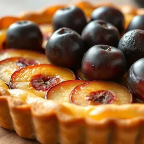 Appetizing homemade plum tart with shortcrust pastry, golden pastry crust, beautiful plums arranged on top, rustic French bak