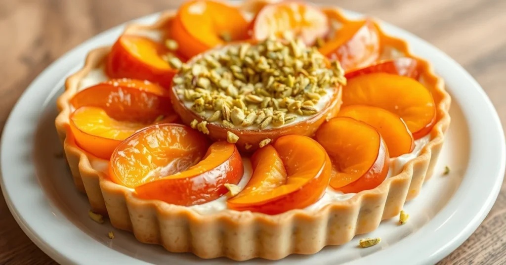 Beautiful apricot pistachio tart with golden pastry, halved apricots arranged in circles, creamy pistachio filling, crushed p