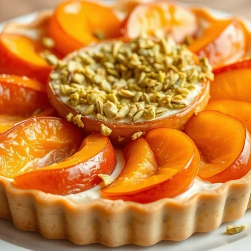Beautiful apricot pistachio tart with golden pastry, halved apricots arranged in circles, creamy pistachio filling, crushed p