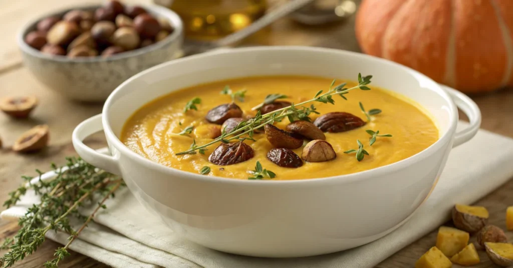 Beautiful autumn butternut squash and chestnut veloute soup in white ceramic bowl, garnished with roasted chestnuts and fresh