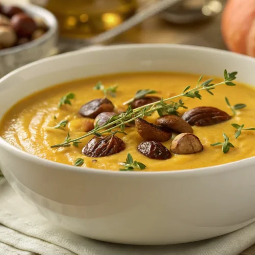 Beautiful autumn butternut squash and chestnut veloute soup in white ceramic bowl, garnished with roasted chestnuts and fresh