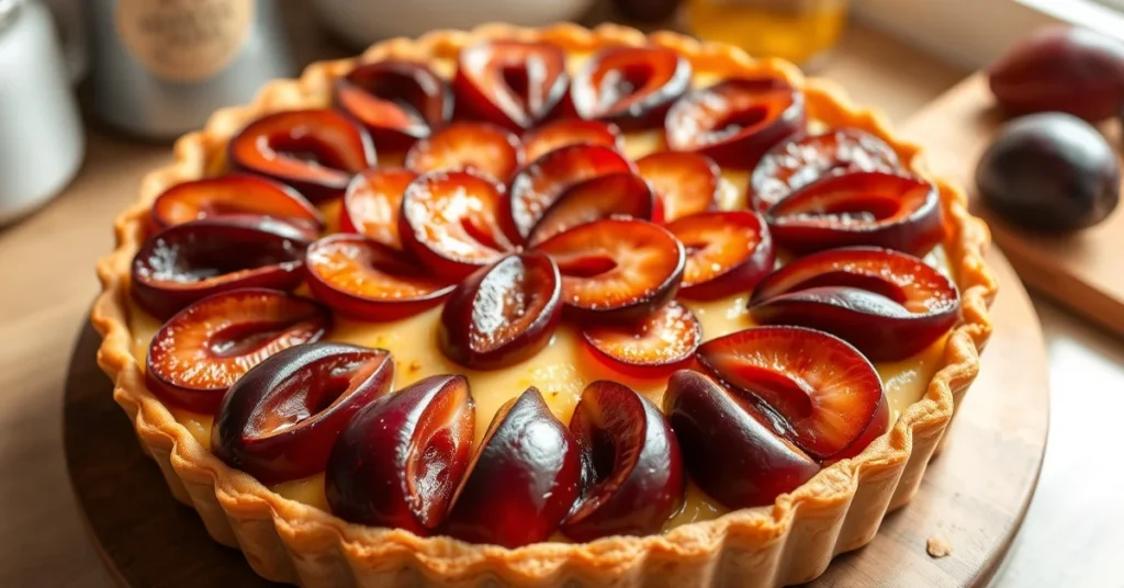 Beautiful French plum tart with caramelized purple plums arranged in elegant circles, golden pastry crust, creamy custard fil