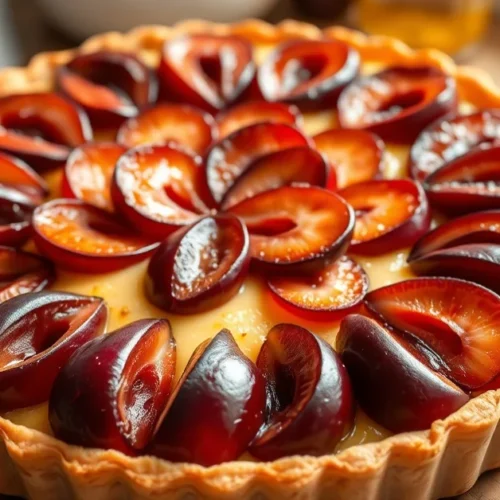Beautiful French plum tart with caramelized purple plums arranged in elegant circles, golden pastry crust, creamy custard fil