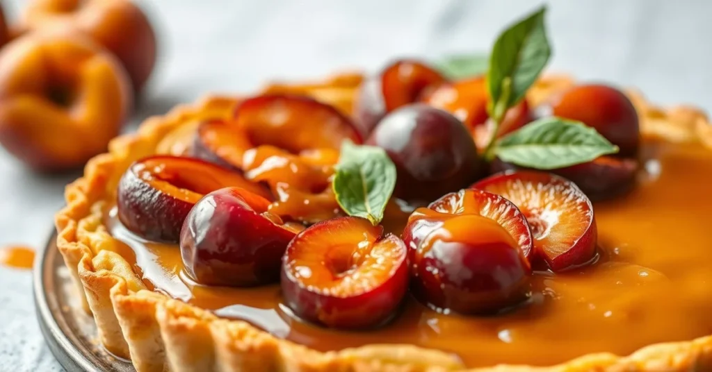 Beautiful French plum tart with golden sablée pastry crust, fresh purple plums arranged decoratively, glossy apricot glaze,