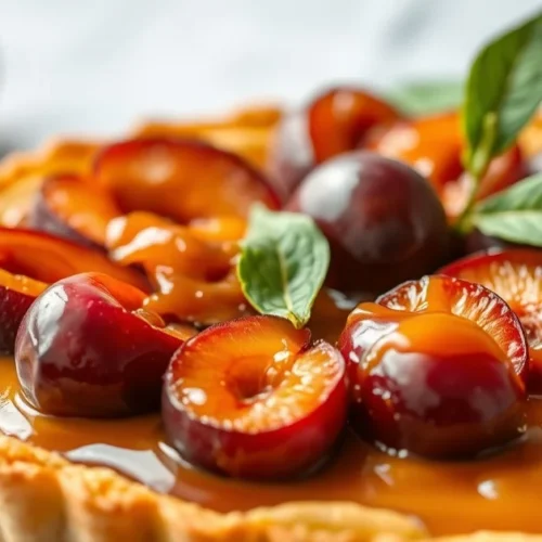 Beautiful French plum tart with golden sablée pastry crust, fresh purple plums arranged decoratively, glossy apricot glaze,