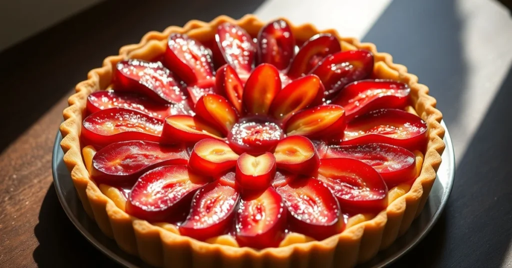 Beautiful fresh red plum tart with golden pastry crust and whole plums halves arranged in concentric circles, gourmet French