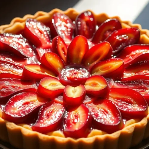 Beautiful fresh red plum tart with golden pastry crust and whole plums halves arranged in concentric circles, gourmet French