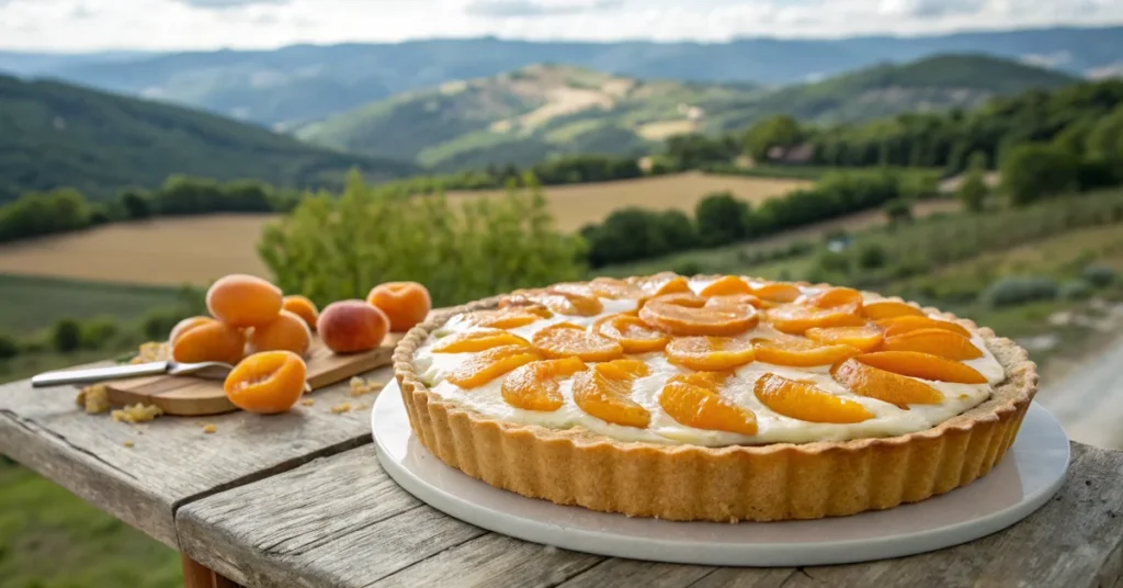 Beautiful golden almond apricot tart landscape, fresh halved apricots arranged on creamy almond filling, glazed top, professi