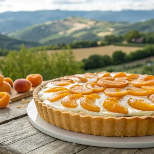 Beautiful golden almond apricot tart landscape, fresh halved apricots arranged on creamy almond filling, glazed top, professi