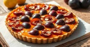 Beautiful golden caramelized plum tart with glossy dark purple fruits arranged in perfect rows, dusted with almond slivers, r