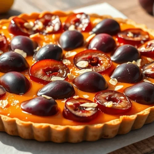 Beautiful golden caramelized plum tart with glossy dark purple fruits arranged in perfect rows, dusted with almond slivers, r