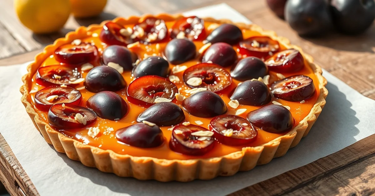 Beautiful golden caramelized plum tart with glossy dark purple fruits arranged in perfect rows, dusted with almond slivers, r