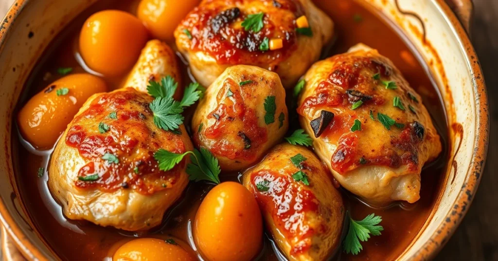 Beautiful golden roasted chicken pieces with apricots in a rich brown sauce garnish with fresh parsley in a rustic ceramic di