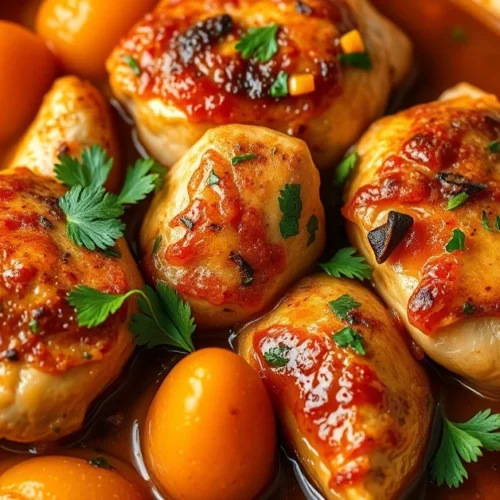Beautiful golden roasted chicken pieces with apricots in a rich brown sauce garnish with fresh parsley in a rustic ceramic di