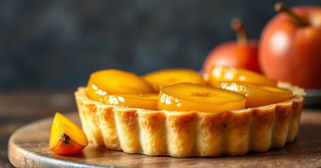 Beautiful golden yellow plum tart with glazed fruit on creamy custard filling, professional pastry photography, bright natura