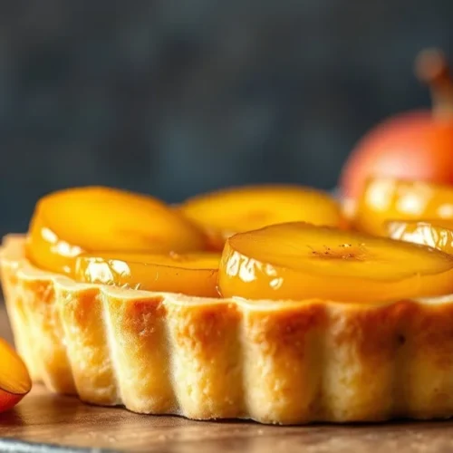 Beautiful golden yellow plum tart with glazed fruit on creamy custard filling, professional pastry photography, bright natura