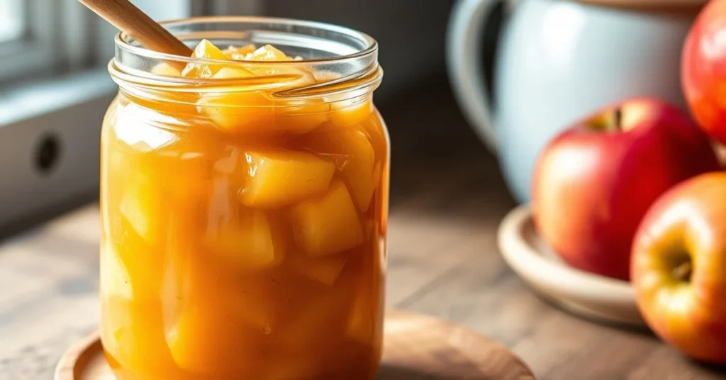 Beautiful homemade apple compote in a glass jar, thick and golden, served with a wooden spoon, rustic kitchen setting, natura