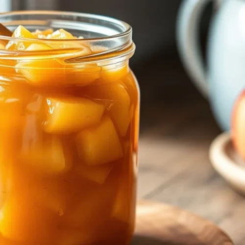 Beautiful homemade apple compote in a glass jar, thick and golden, served with a wooden spoon, rustic kitchen setting, natura