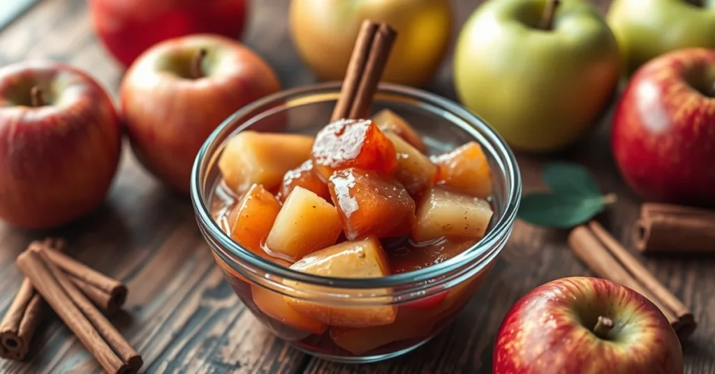 Beautiful homemade apple compote in glass bowl, fresh red apples, cinnamon stick, rustic wooden table, warm natural lighting,