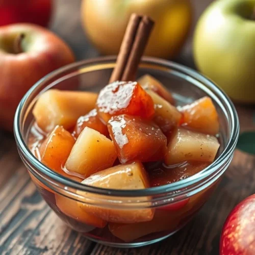Beautiful homemade apple compote in glass bowl, fresh red apples, cinnamon stick, rustic wooden table, warm natural lighting,