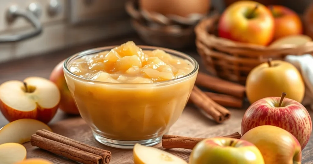 Beautiful homemade light applesauce in a glass bowl, fresh apples scattered around, cinnamon stick, natural lighting, rustic
